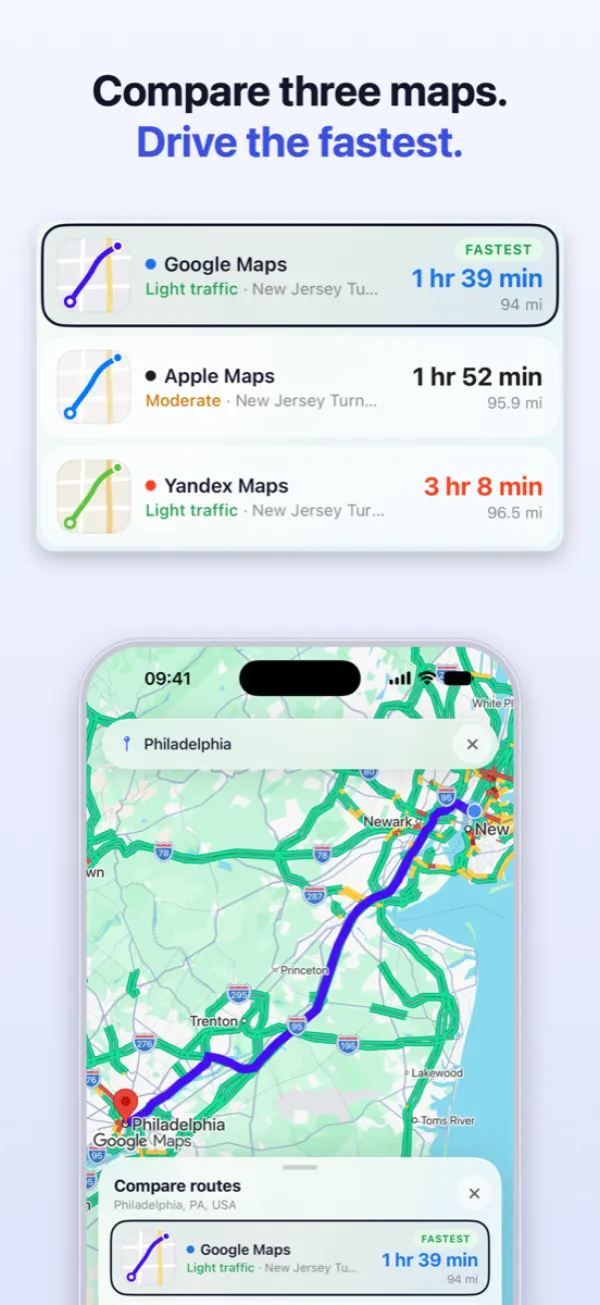 Navigation Pro showing Google, Apple and Yandex arrival times for one trip on a single screen