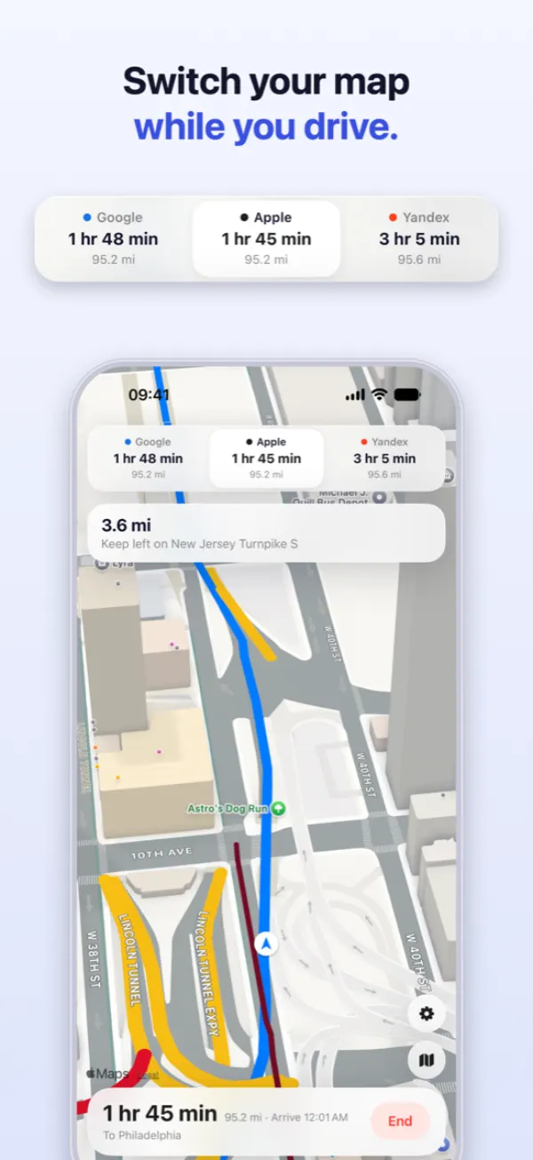 The provider strip at the top of the Navigation Pro guidance screen, with Apple selected during a drive