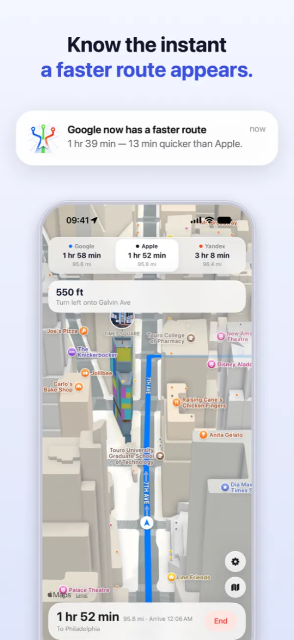 Navigation Pro notifying the driver that Google now has a route 13 minutes quicker than Apple